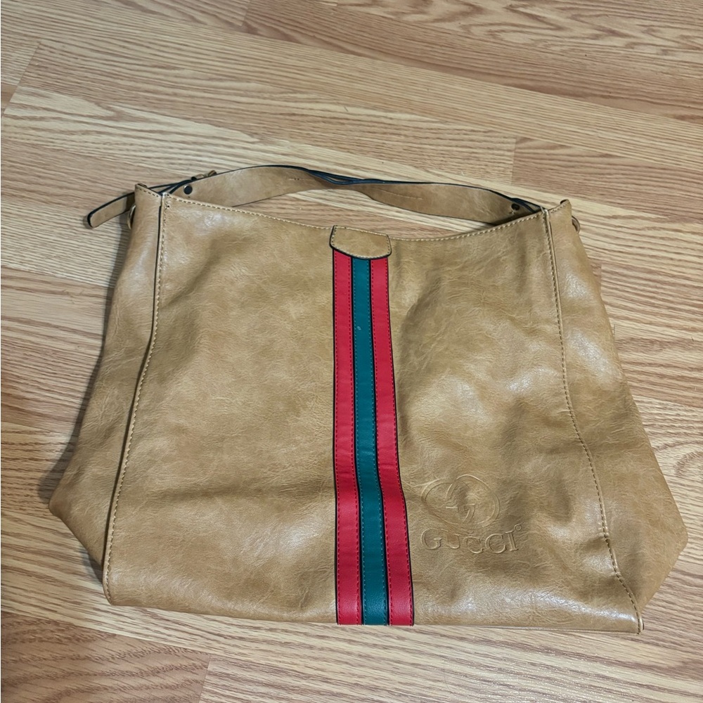 Tan Leather Messenger Bag with Red and Green Stripe